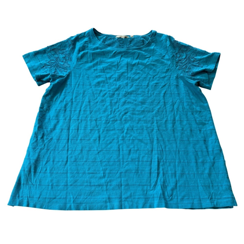 Soft Surroundings Womens 1X‎ Teal Embroidered Lace Yoke Top Short Sleeve Plus
